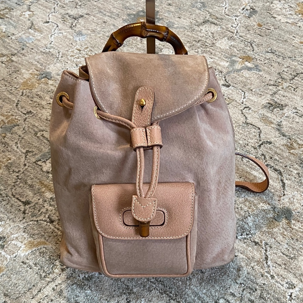Gucci Vintage Beige Suede Backpack with Bamboo Details